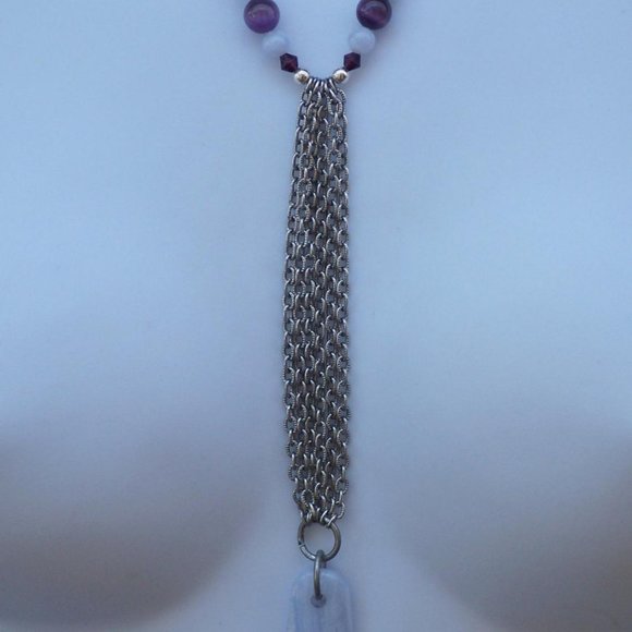 Handmade Statement Necklace With Lilac Agate Silver Tone Chains Purple Beads - Picture 2 of 16